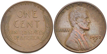 США 1 ЦЕНТ 1957 D, ЛИНКОЛЬН KM А132 медь цинк 3309-1211