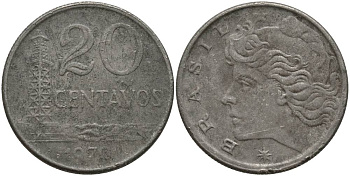 Бразилия 20 сентаво 1970 голова Свободы влево KM 579.2, Schon 84a медно-никель 181-257