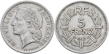 ФРАНЦИЯ 5 ФРАНКОВ 1947 ТИП LAVRILLIER, FERME "9" KM 888b.1, LE FRANC 339.10 алюминий 4572-1132