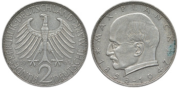 ФРГ 2 марки 1963 J, Макс Планк KM 116, J. 392 медно-никель плакированный никелем 72-326