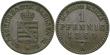 Саксен-Веймар-Эйзенах 1 пфенниг 1865 А, Карл Александр (1853-1901) KM 89, Jaeger 533, AKS 37 медь 99-567