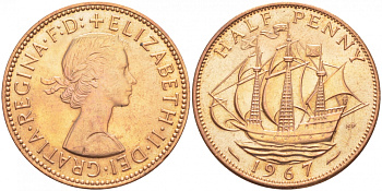Великобритания 1/2 пенни 1967 Елизавета II (1952-2022) KM 896, Spink 4158 бронза UNC 77-255