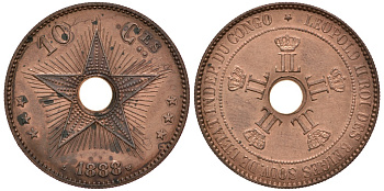 Бельгийское Конго 10 сантимов 1888 KM 4 медь aUNC 5010-424