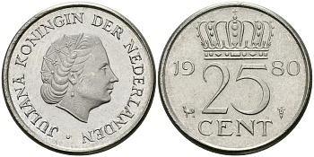 НИДЕРЛАНДЫ 25 ЦЕНТОВ 1980 ЮЛИАНА KM 183 никель 96-262