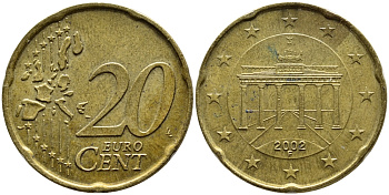 ГЕРМАНИЯ 20 ЕВРОЦЕНТОВ 2002 F KM 211 латунь 4393-1131