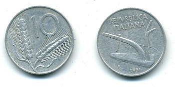 ИТАЛИЯ 10 ЛИР 1951 R, ПЛУГ KM 93 алюминий 25-917