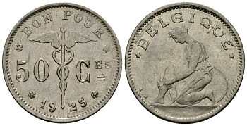 Бельгия 50 сантимов 1923 BELGIQUE KM 87 никель 4164-1037