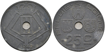 Бельгия 25 сантимов 1942 BELGIE-BELGIQUE KM 132 цинк 4117-1141