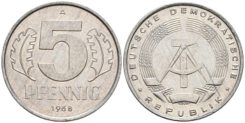 ГДР 5 пфеннигов 1968 А KM 9.1 алюминий 4564-1033