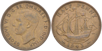 Великобритания 1/2 пенни 1943 Георг VI (1936-1952) KM 844, Spink 4115 бронза 23-1354