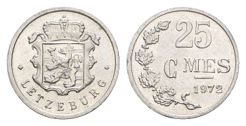 Люксембург 25 сантимов 1972 Герцог Жан (1964-1999) KM 45a.1 алюминий aUNC 4115-625