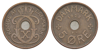 Дания 5 эре 1928 N, Кристиан X (1912-1947) KM 828 бронза 4638-612