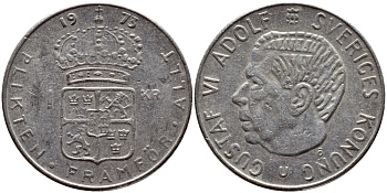 Швеция 1 крона 1973 Густав VI Адольф (1950-1973) KM 826а медь плакированная медно-никелем 4395-252