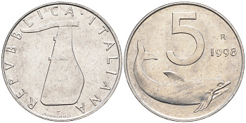 Италия 5 лир 1998 R, дельфин KM 92 алюминий  UNC  4594-749