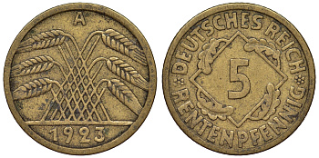 Германия 5 рентенпфеннигов 1923 A KM 32, J. 308 алюминиевая бронза 4124-255