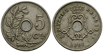 Бельгия 5 сантимов 1906 Belgie, Леопольд II (1865-1909) KM 55 медно-никель 4173-148