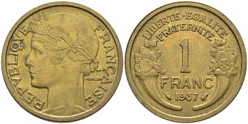 ФРАНЦИЯ 1 ФРАНК 1937 ТИП MORLON KM 885, LE FRANC 219.8 алюминиевая бронза 4448-317