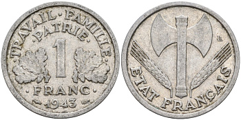 Франция 1 франк 1943 LB, тип Lourde, правительство Виши KM 902.1 алюминий 4142-932