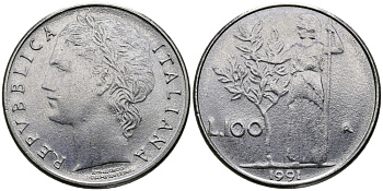 Италия 100 лир 1991 R, Афина в доспехах KM 96.2 нержавеющая сталь 98-157