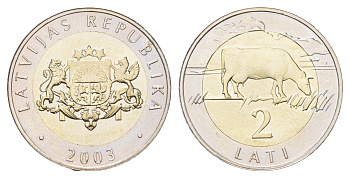 Латвия 2 лата 2003 корова KM 38 биметалл BU 4678-327