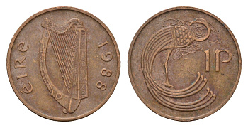 Ирландия 1 пенни 1988 мифологическая птица лира KM 20 бронза 4690-452