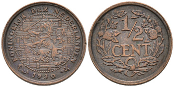 Нидерланды 1/2 цента 1930 Вильгельмина (1890-1948) KM 138 бронза 4576-435
