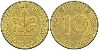 ФРГ 10 ПФЕННИГОВ 1973 G KM 108, J. 383 сталь плакированная латунью 219-453