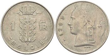 БЕЛЬГИЯ 1 ФРАНК 1963 BELGIE, БОДУЭН I (1951-1993) KM 143.1 медно-никель 119-553