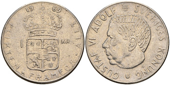 Швеция 1 крона 1969 U, Густав VI Адольф (1950-1973) KM 826a медь плакированный медно-никелем 4150-244