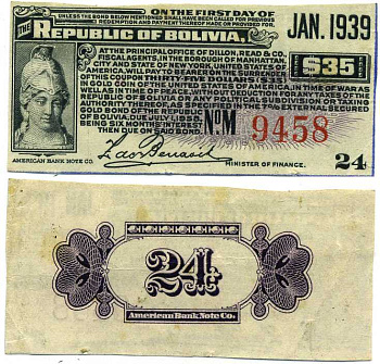 Боливия отрывной купон 1939 на35 долларов за январь 1939, номер 24 бумага 8605-35-1-2