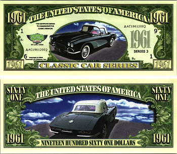 США 1961 ДОЛЛАР 2002 СУВЕНИРНАЯ БАНКНОТА, СЕРИЯ КЛАССИЧЕСКИЕ АВТОМОБИЛИ, СЕРИЯ 3, ААС 1961 ГОДА бумага UNC (ПРЕСС) 7198-41-1-1