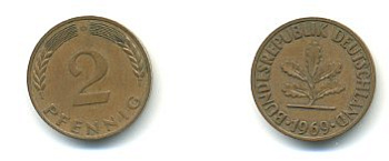 ФРГ 2 ПФЕННИГА 1969 D KM 106a, J.381a сталь плакированная сталь плакированная медьюю 54-2322