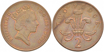 Великобритания 2 пенса 1989 Елизавета II (1952-2022) KM 936, Spink 4376 (C3) бронза 77-151