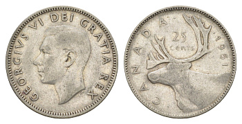 Канада 25 центов 1951 Георг V (1910-1936), олень KM 44 серебро 73-1341