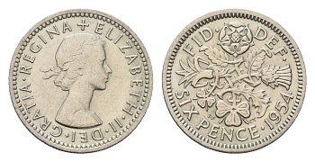 Великобритания 6 пенсов 1954 Елизавета II (1952-2022) KM 903, Spink 4149 медно-никель 4651-1151