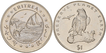 Эритрея 1 доллар 1996 берегите планету Земля, Средиземноморский сокол KM 37 медно-никель UNC 4125-913