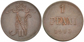 РОССИЯ ДЛЯ ФИНЛЯНДИИ 1 ПЕННИ 1915 НИКОЛАЙ II KM 13, Биткин 475 медь 4396-1424