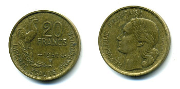 ФРАНЦИЯ 20 ФРАНКОВ 1951 B, ПЕТУХ, 4 ПЕРА KM 917.2, LE FRANC 402.8 алюминиевая бронза 25-2441