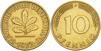 ФРГ 10 ПФЕННИГОВ 1972 J KM 108, J. 383 сталь плакированная латунью 4544-1132