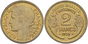 ФРАНЦИЯ 2 ФРАНКА 1938 ТИП MORLON KM 886, LE FRANC 268.11 алюминиевая бронза 69-1236