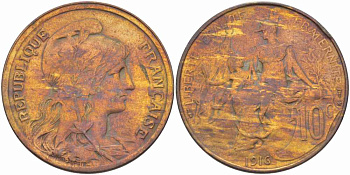 ФРАНЦИЯ 10 САНТИМОВ 1916 ТИП ДАНИЭЛЬ ДЮПЮИ, INCLUS KM 843, LA FRANC 136.28 бронза 109-416