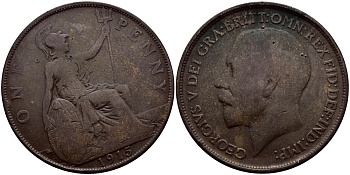 Великобритания 1 пенни 1915 Георг V (1910-1936) KM 810, Spink 4051 бронза 221-135