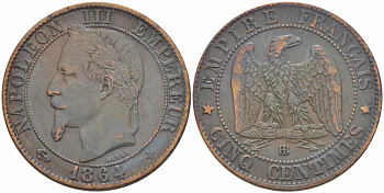 ФРАНЦИЯ 5 САНТИМОВ 1864 BB, НАПОЛЕОН III (1852-1870) KM 797.2, LE FRANC 117.12 бронза 108-553