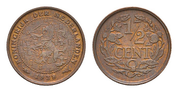 Нидерланды 1/2 цента 1938 Вильгельмина (1890-1948) KM 138 бронза aUNC 4649-859