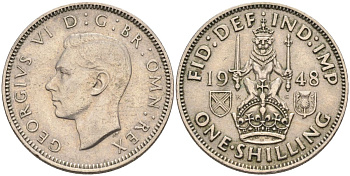 Великобритания 1 шиллинг 1948 Георг VI (1936-1952), Шотландский герб KM 864, Spink 4104 медно-никель 4126-353