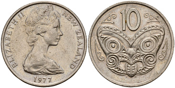 Новая Зеландия 10 центов 1977 Елизавета II (1952-2022), маска маори KM 41 медно-никель 4142-1211