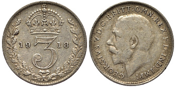 Великобритания 3 пенса 1918 Георг V (1910-1936) KM 813, Spink 4015 серебро 4528-462