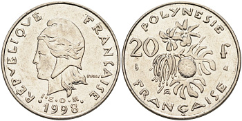 Французская Полинезия 20 франков 1998 KM 9 никель 4131-946