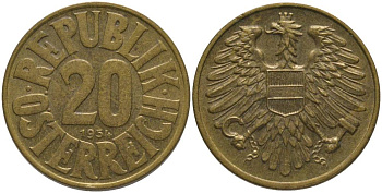 АВСТРИЯ 20 ШИЛЛИНГОВ 1954 KM 2887 алюминиевая бронза 181-231
