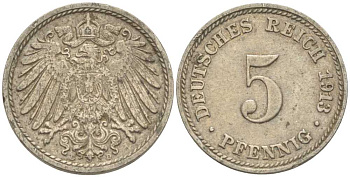 ГЕРМАНИЯ 5 ПФЕННИГОВ 1913 D KM 11, J. 12 медно-никель 206-1233